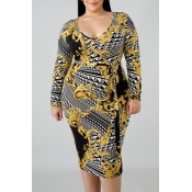 Lovely Plus-size Printed Yellow Mid Calf Dress