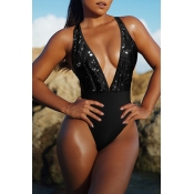 Lovely Sexy Patchwork Sequined Black One-piece Swi
