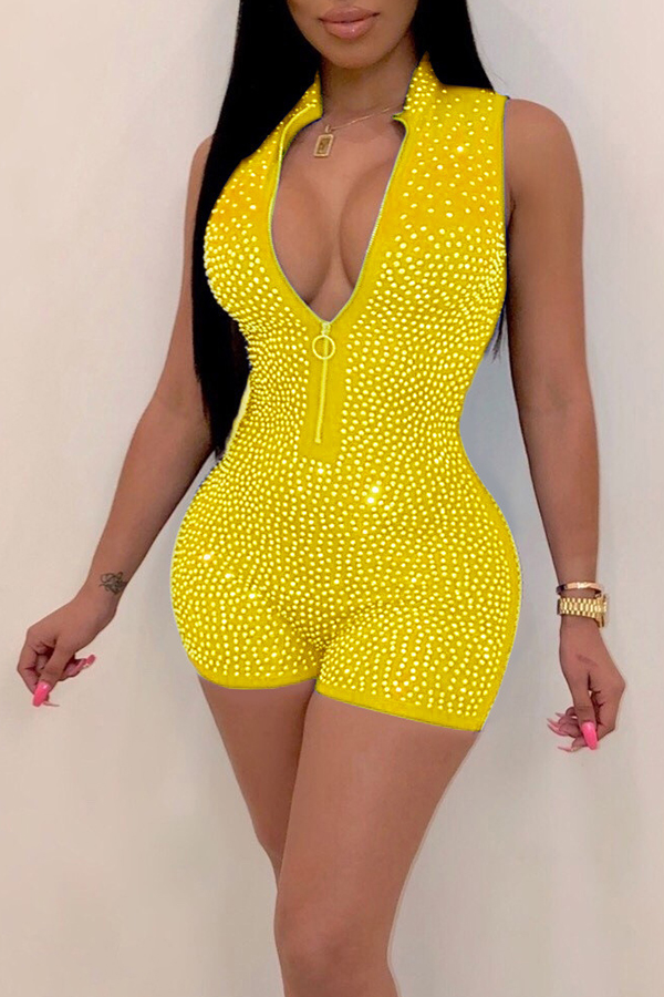 Lovely Chic Rhinestone Decoration Yellow One-piece Romper