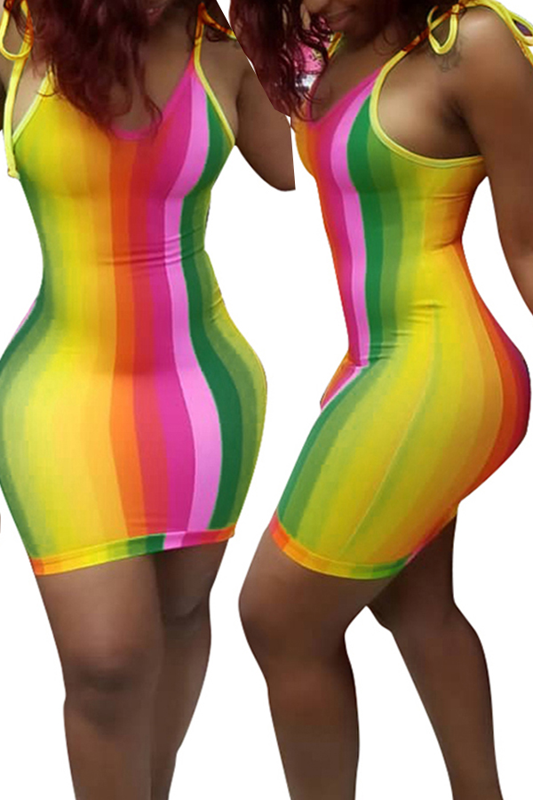 Lovely Sweet Striped Printed Mini Dress(With Elastic)