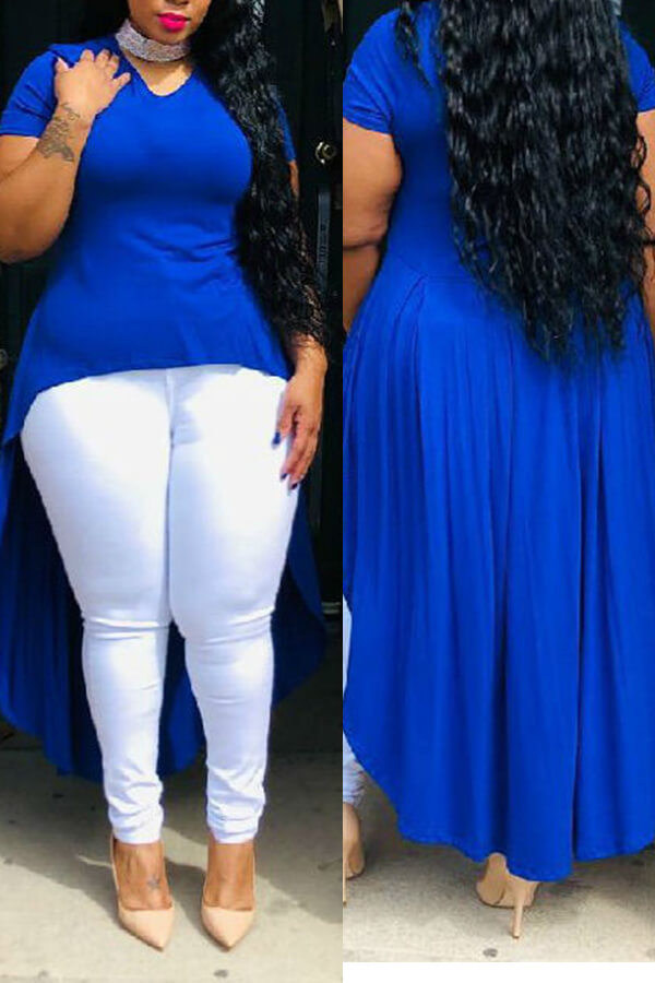 LW Casual O Neck Asymmetrical Blue T-shirt