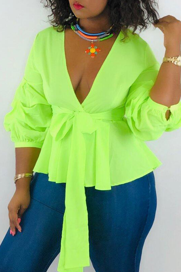 Lovely Work Lace-up Green Blouses