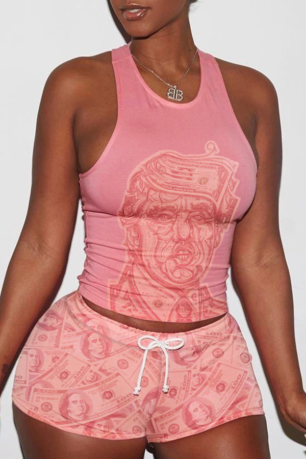 Lovely Casual Backless Printed Pink Two-piece Shorts Set