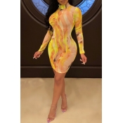 Lovely Stylish Printed Yellow Mini Dress(With Elas