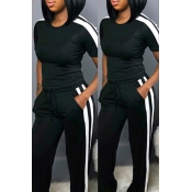 Lovely Trendy Striped Patchwork Black Two-piece Pa