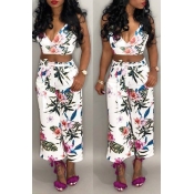 Lovely Casual Floral Printed White Two-piece Pants