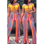 Lovely Stylish High Waist Striped Pants(With Elast