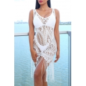 Lovely White Tassel Design Lace Beach Dress