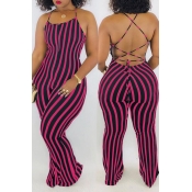 Lovely Sexy Striped Lace-up Hollow-out Rose Red On