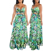 Lovely Bohemian Printed Backless Green Two-piece S