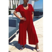 Lovely Casual V Neck Red Loose One-piece Jumpsuit