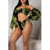 Lovely Leaves Printed Black Two-piece Swimwear