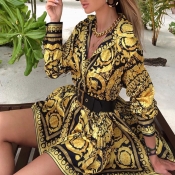 Lovely Trendy Printed Gold Mini Dress(Without Belt
