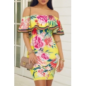 Lovely Off The Shoulder Floral Printed Yellow Mini
