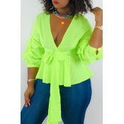 Lovely Work Lace-up Green Blouses