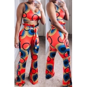Lovely Chic Printed Red Two-piece Pants Set(With B