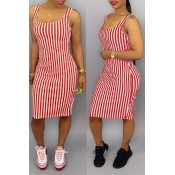 Lovely Casual Striped Pink Knee Length Dress(With 