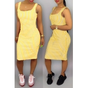 Lovely Casual Striped Yellow Knee Length Dress(Wit
