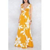 Lovely Trendy V Neck Printed Hollow-out Yellow Flo