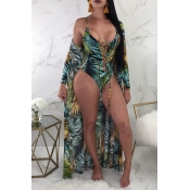 Lovely Printed Lace-up Hollow-out Green Two-piece 