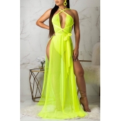Lovely Sexy Backless High Slit Yellow Maxi Dress
