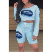 Lovely Casual Lips Printed Blue Two-piece Shorts S