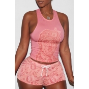 Lovely Casual Backless Printed Pink Two-piece Shor