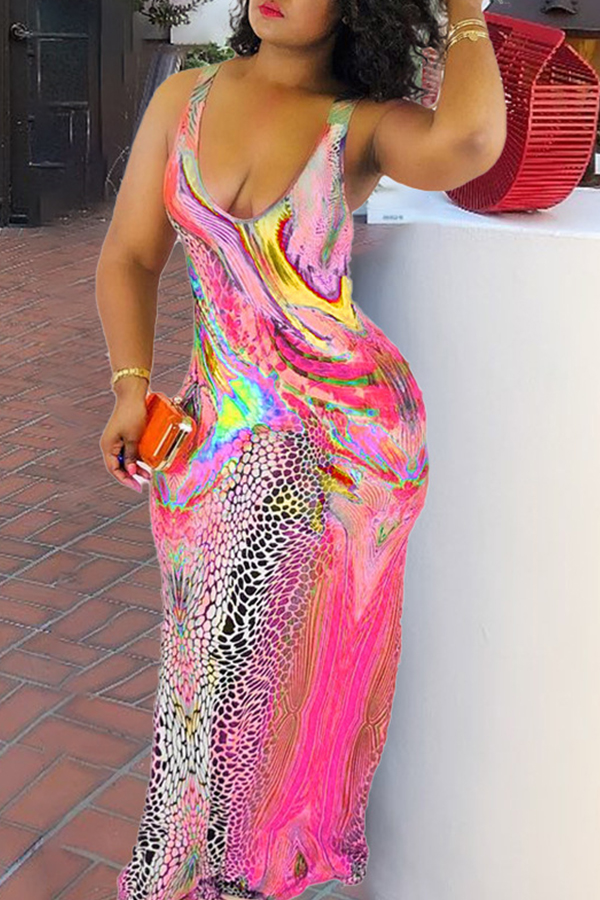 Lovely Casual V Neck Printed Rose Red Floor Length Dress