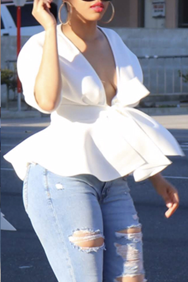 Lovely Stylish V Neck Half Sleeve White Blouse