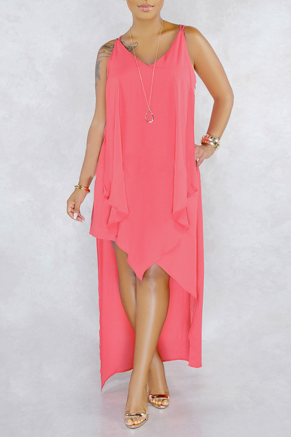 Lovely Casual V Neck Asymmetrical Light Pink Mid Calf Dress(Nonelastic)