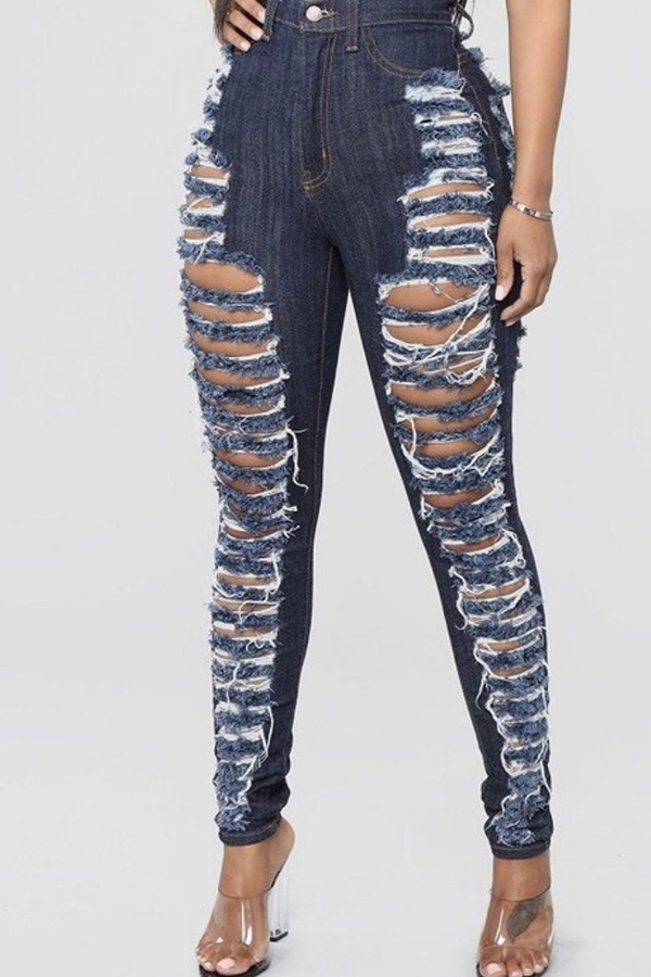 Lovely Stylish High Waist Broken Holes Blue Jeans