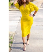 Lovely Casual V Neck Yellow Knee Length Dress