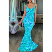 Lovely Casual U Neck Printed Backless Blue Floor L