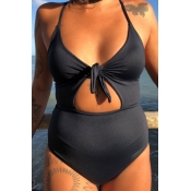 Lovely V Neck Hollow-out Black One-piece Swimwear