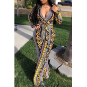 Lovely Bohemian V Neck Prined Yellow One-piece Jum