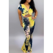 Lovely Casual V Neck Tie-dye Yellow Two-piece Pant