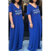 Lovely Casual V Neck Letter Printed Blue Floor Len