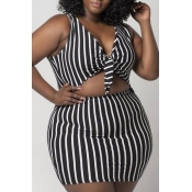 Lovely Work V Neck Striped Black Two-piece Skirt S