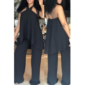 Lovely Casual Halter Neck Black Two-piece Pants Se
