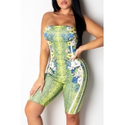 Lovely Casual Off The Shoulder Printed Green One-p