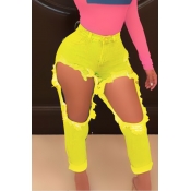 Lovely Casual Broken Holes Yellow Jeans