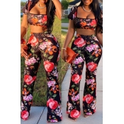 Lovely Casual Floral Printed Black Two-piece Pants