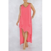 Lovely Casual V Neck Asymmetrical Light Pink Mid C