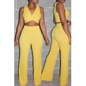 Lovely Casual V Neck Yellow Two-piece Pants Set