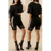 Lovely Casual Striped Patchwork Black Two-piece Sh