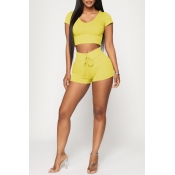 Lovely Casual Hooded Collar Yellow Two-piece Short
