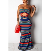 Lovely Sexy Off The Shoulder Striped Blue Mermaid 