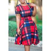 Lovely Trendy O Neck Plaid Red Knee Length A Line 