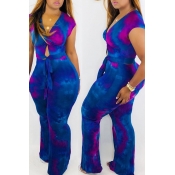 Lovely Casual V Neck Printed Hollow-out Blue Two-p