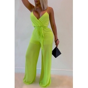 Lovely Sexy V Neck See-through Green One-piece Jum